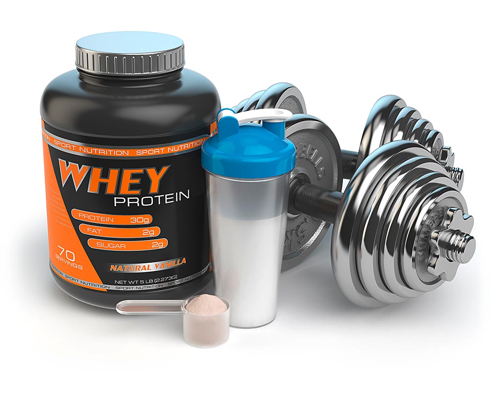 Whey Protein als Fitness-Supplemente mit Hanteln